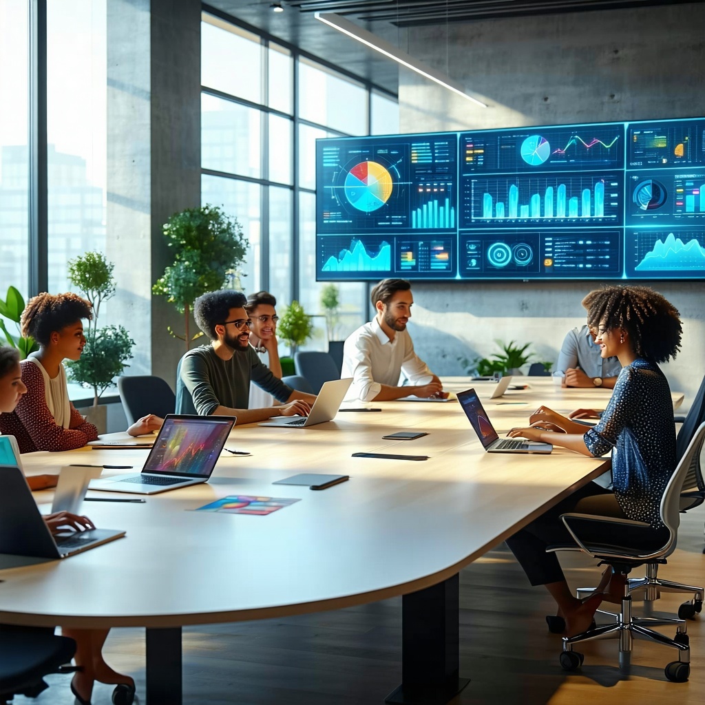 L'image représente un environnement de bureau moderne et élégant, imprégné de technologie Au premier plan, un groupe diversifié de professionnels collabore autour d'une grande table ovale équipée d'ordinateurs portables et d'appareils numériques La lumière naturelle brillante pénètre par l'extérieur.