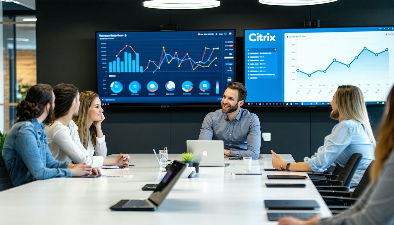 professionals in a meeting with dashboards in the background talking about Citrix licenses in a meeting room that is bright the people are not facing the camera and there is a Citrix logo somewhere in the background in a modern workplace-1