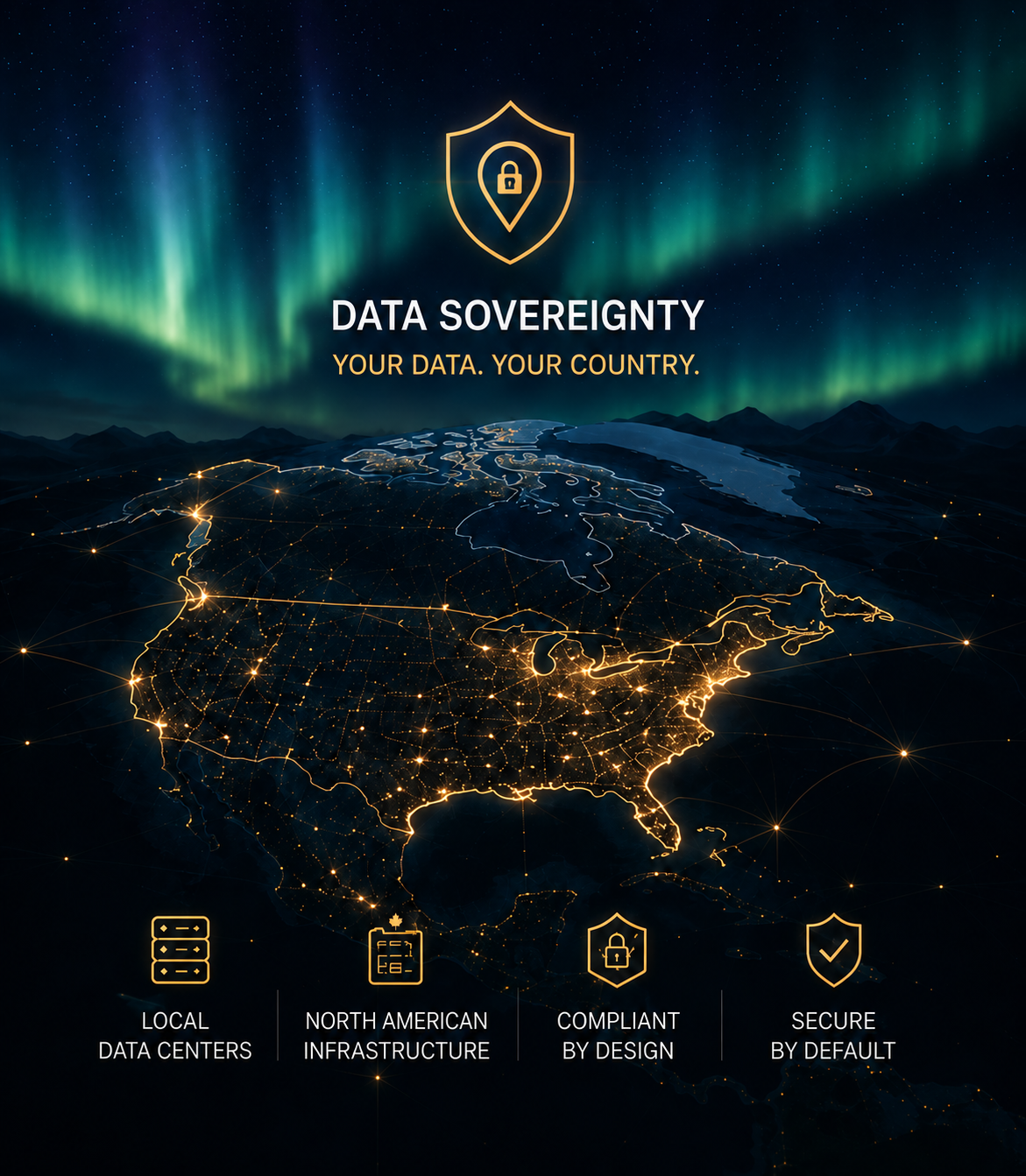 Data sovereignty map of North America at night: local data centres, North American infrastructure, compliant by design and secure by default for AltaSphere hosted VMware