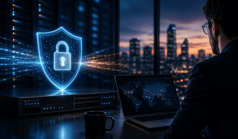 Cybersecurity professional monitoring a global network beside a glowing shield and lock representing post-quantum protection.