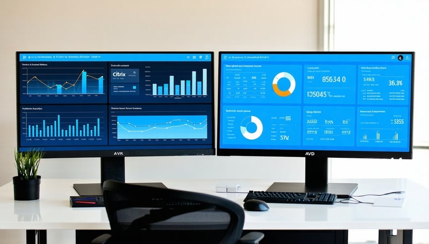 A professional workspace with dual monitors displa