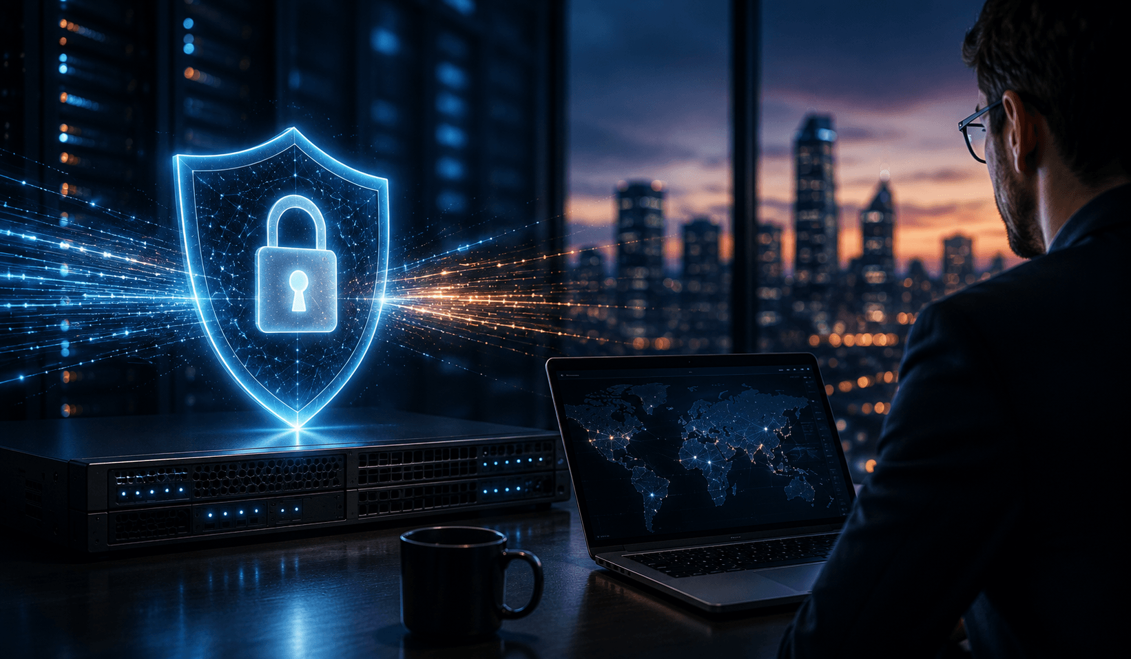Cybersecurity professional monitoring a global network beside a glowing shield and lock representing post-quantum protection.