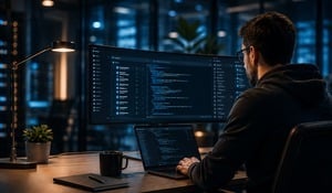 Developer working on a laptop and widescreen monitor displaying code in a modern office.